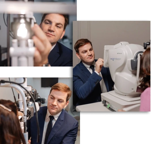 Dr. Daniel Guedes realizando exame oftalmológico de precisão no Edifício Medical Prime Dr. Daniel Guedes realizando exame oftalmológico de precisão no consultório